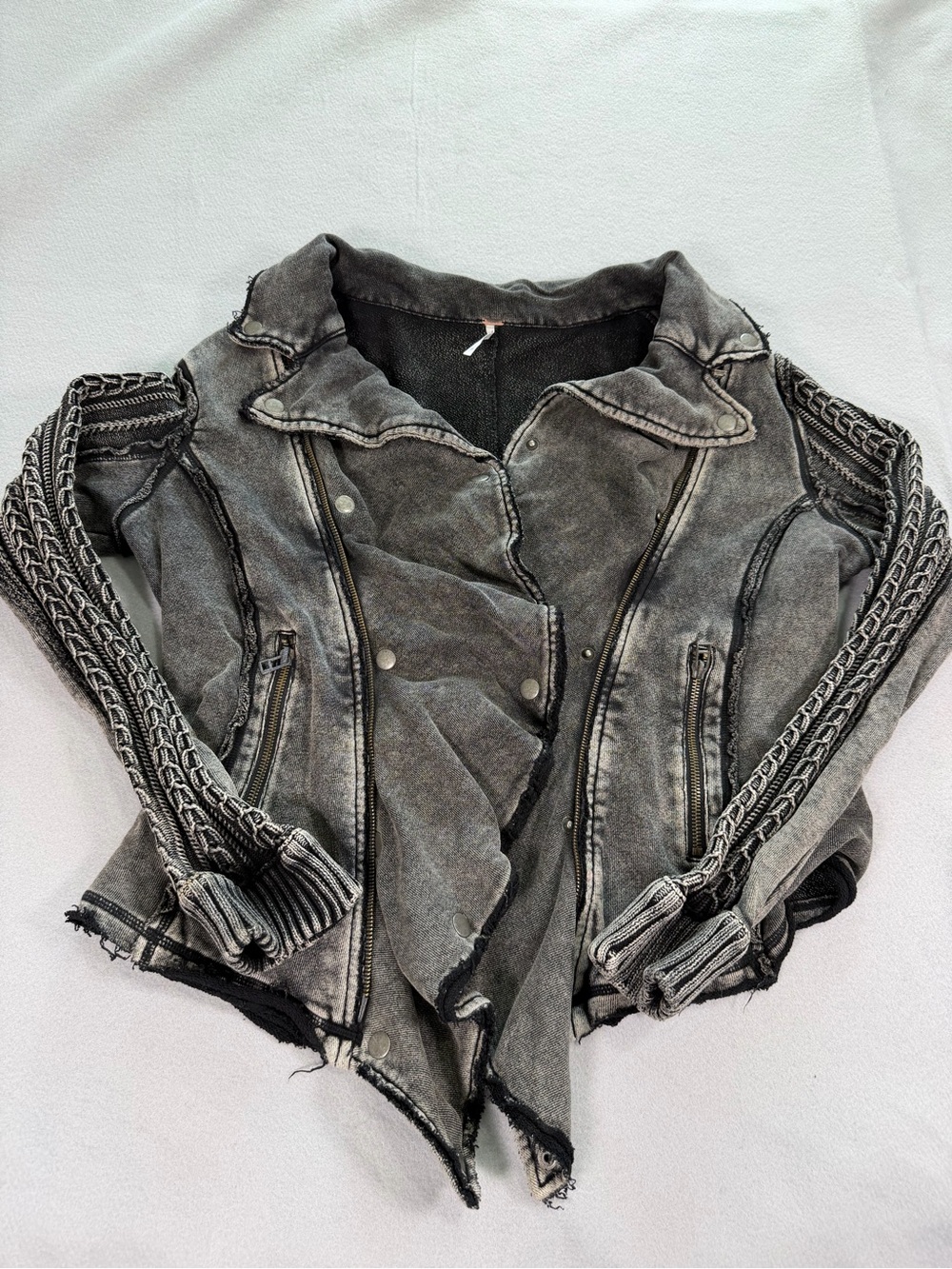 Free People Washed Black Braided-Sleeve Moto Jacket